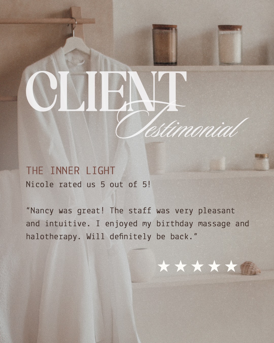 💬 Praise for THE INNER LIGHT
Our 50 Minute Custom Massage + Halo IR Suite combo (just for women) is getting a lot of love and we’re here for it! 

⭐⭐⭐⭐⭐
Nicole rated us 5 out of 5!
“Nancy was great! The staff was very pleasant and intuitive. I enjoyed my birthday massage and halotherapy. Will definitely be back.”

Treat yourself like it’s your birthday… even if it’s not. 
Because you deserve to feel this good any day of the year. 💜

→→📅 Book your Inner Light session today via the link in bio!

#AutumnWellness #SlowDownAndRestore #FallReset #SeasonalSelfCare #SlowLiving #MindBodyBalance #Halotherapy #SaltTherapy #RedLightTherapy #InfraredSauna  #WellnessForWomen #SpaSpecial #PhillyHalotherapy #InfraredSaunaInPhilly #PhiladelphiaSpa #RichelDAmbraSpa